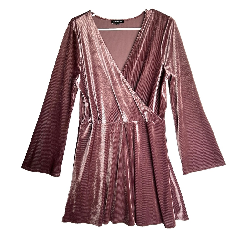 Express Velvet Mauve Romantic Velour Ribbed Flared Sleeve Wrap Dress Women L Y2k